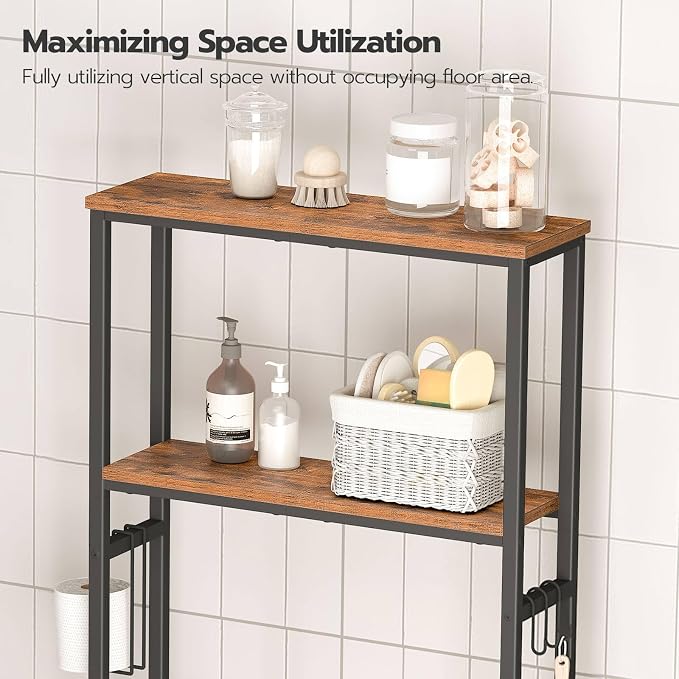 HOOBRO Over The Toilet Storage, 2-Tier Bathroom Organizer Over Toilet, Freestanding Bathroom Storage Shelves with Toilet Paper Holder and Hooks, Space Saver for Room, Rustic Brown and Black BF49TS01