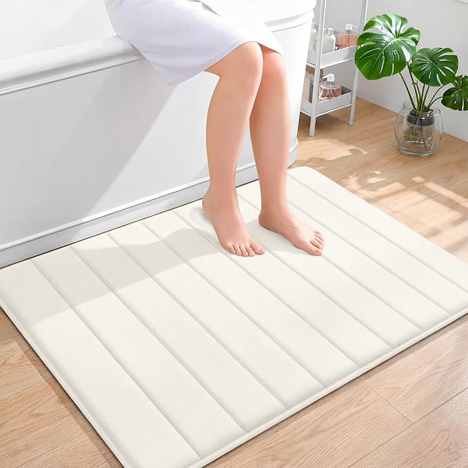 OLANLY Memory Foam Bath Mat 40x32, Super Soft Absorbent Bathroom Rugs, Quick Dry, Machine Washable Shower Floor Rugs, Bathmat Carpet, Bathroom Home Decor Accessories, Ivory