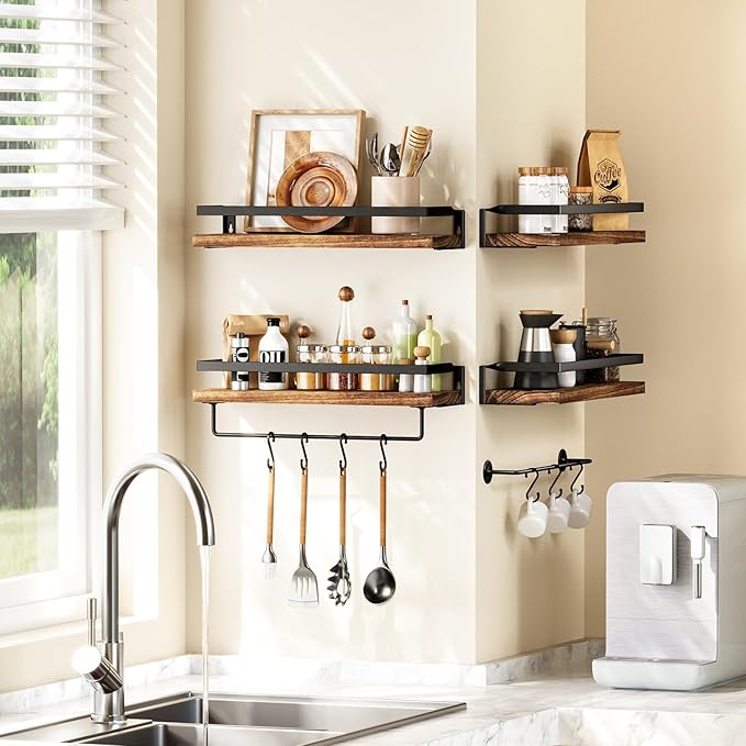 AMADA HOMEFURNISHING Bathroom Shelves with Towel Bar, Floating Shelves, Wall Shelves for Bathroom/Living Room/Kitchen/Bedroom, Rustic Brown, Set of 2 - AMFS01BN
