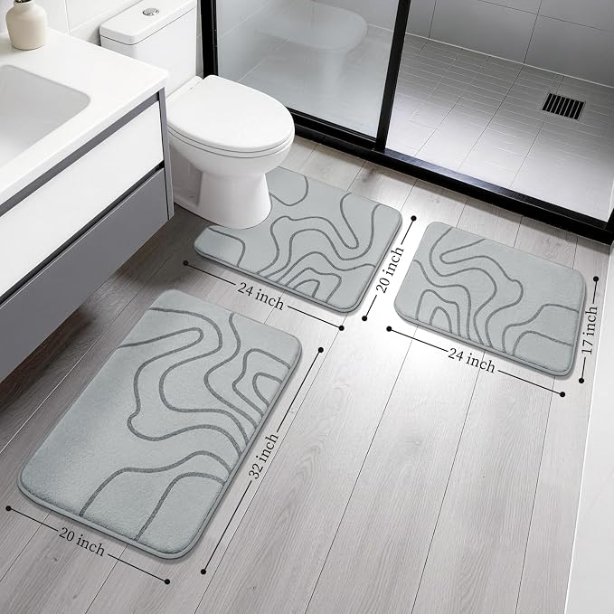YIHOUSE Memory Foam Bathroom Rugs Sets 3 Piece - Extra Thick Ultra Soft Absorbent Bath Mat Set, Non-Slip Machine Washable Bath Rugs for Bathroom, Tub & Shower, Home Decor Accessories, Grey