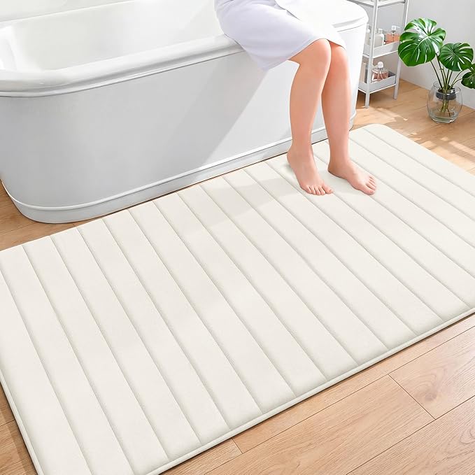 OLANLY Memory Foam Bath Mat 70x46, Super Soft Absorbent Bathroom Rugs, Quick Dry, Machine Washable Shower Floor Rugs, Bathmat Carpet, Bathroom Home Decor Accessories, Ivory