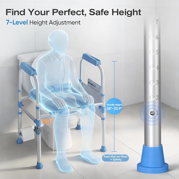 Padded Toilet Seat Riser for Seniors FSA/HSA Eligible, Adjustable Safety Frame Raised Toilet Seat with Handles, Heavy Duty Bariatric Recovery Elderly Assistance Products, Fits Round & Elongated