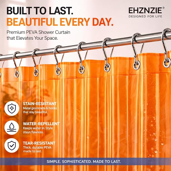 EHZNZIE Orange Shower Curtain Liner 72x72, PEVA Waterproof Bath Curtain, No Chemical Smell, 3 Weighted Magnets, Durable with Rustproof Metal Grommets