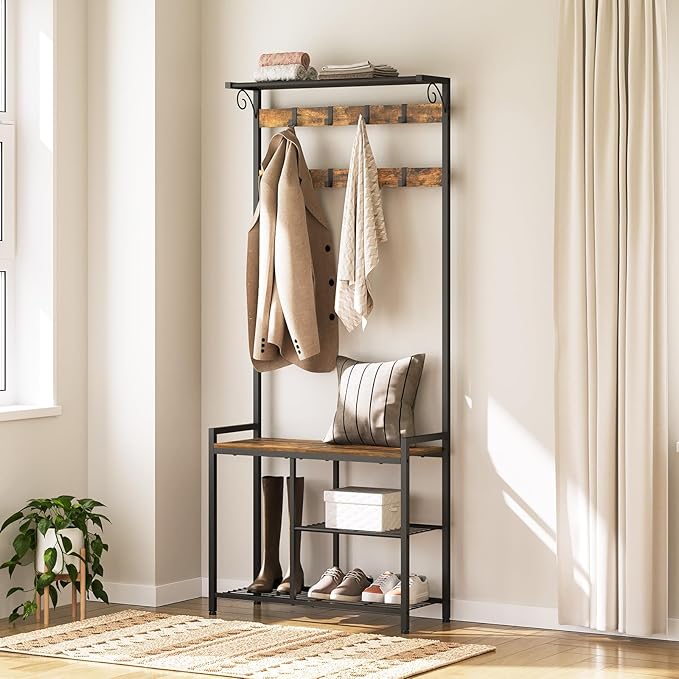 YATINEY Coat Rack Shoe Bench, 4-in-1 Hall Tree with Storage Shelves and Hanging Rod, Entryway Storage Organizer with 8 Movable Hooks, for Entryway, Hallway, Corridor, Rustic Brown and Black MT12BR