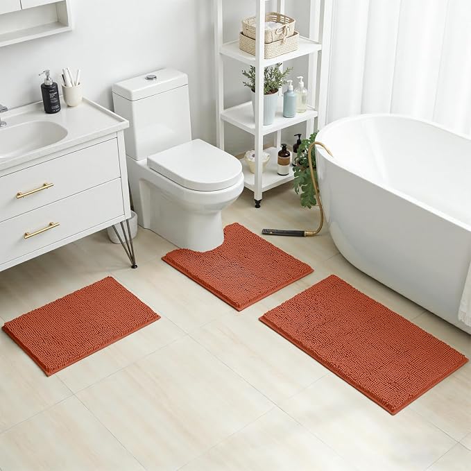 HOMEIDEAS 3 Pieces Bathroom Rugs, Ultra Soft Non Slip Absorbent Chenille Toilet Bath Mat Set (Burnt Orange)