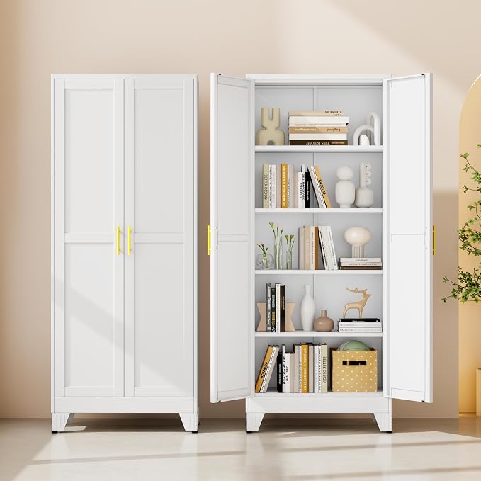71" White Metal Garage Storage Cabinet with 2 Doors and 4 Adjustable Shelves,Kitchen Pantry Cabinet,File Cabinet,Steel Tool Cabinet for Home,Office,Garage,School,Warehouse