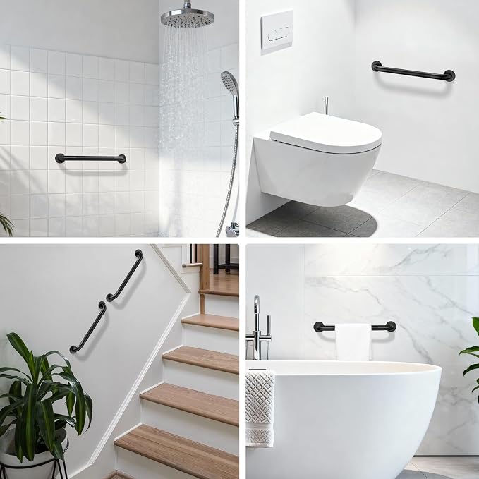 Black Grab Bar 24 Inch, iHansee Anti-Slip Bathroom Grab Bar w/Knurled Grip, Stainless Steel Safety Handrail for Toilet Bathtub Shower, Wall Mounted Matte Black Handicap Bars Handle for Senior Elderly