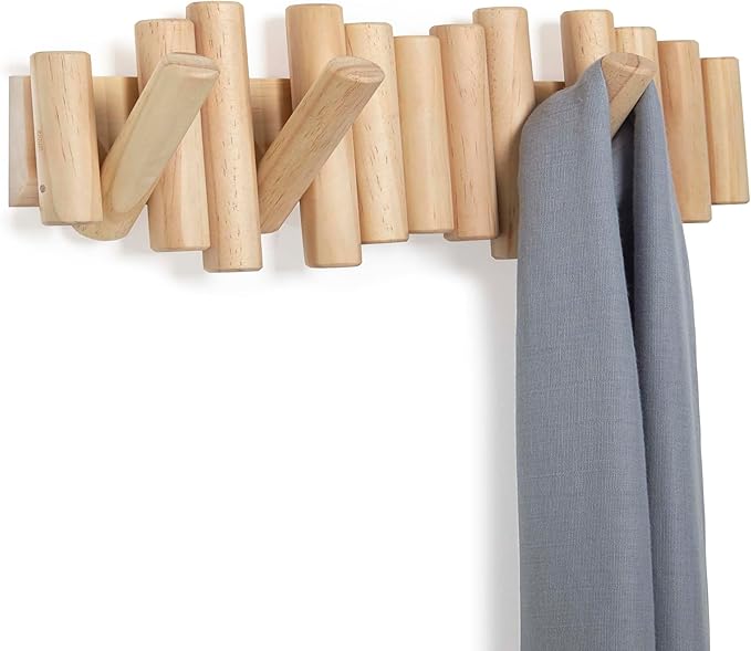 Umbra Picket Wall-Mounted Coat Rack Rail Hook with 5 Retractable Wood Pegs – Modern, Space-Saving Storage Organizer, Natural (Pack of 3)