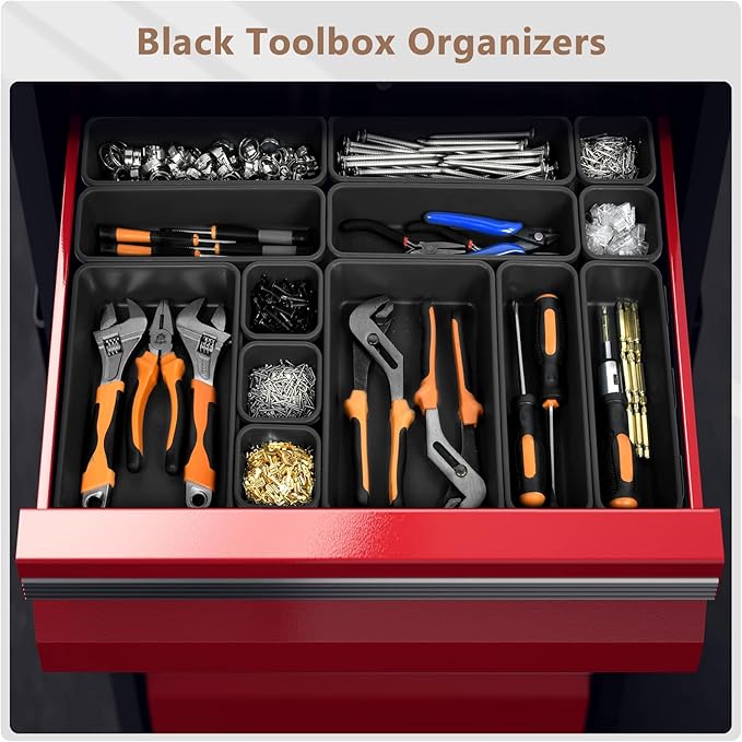 A-LuGei【𝟰𝟲𝗣𝗖𝗦 & 5 Size Tool Box Organizer Tray Divider Set, 【Black】 Bathroom Drawer Organizer Bin, Garage Organization and Storage Toolbox Rolling Tool Chest Cart Cabinet WorkBench Small Part