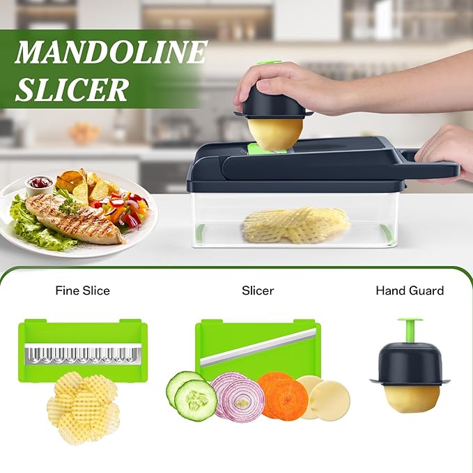 HomeHacks Vegetable Chopper Vegetable Cutter, 15 in 1 Kitchen Gadget, Dicer, Slicer, Onion Cutter, Salad, Cheese Grater & Egg Separator - Multi-Functional Veggie Chopper Lid with Handle (Green)