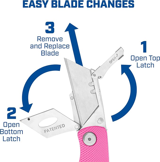 Sheffield 12346 Lock Back Utility Knife 4 Pack with 10 Blades, Quick Change Folding Box Cutter, Aluminum Handle Utility Knives with Pocket Clip, Pink & Purple