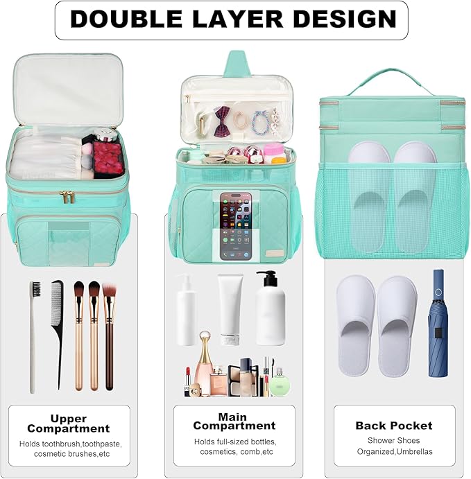 Portable Shower Caddy College Dorm Essentials, Large Toiletry Bag for Women Men, 2 Layers Quickly Dry Mesh Bathroom Tote Bag, Hanging Makeup Organizer Bag for Travel, Gym, Camping (Mint Green)