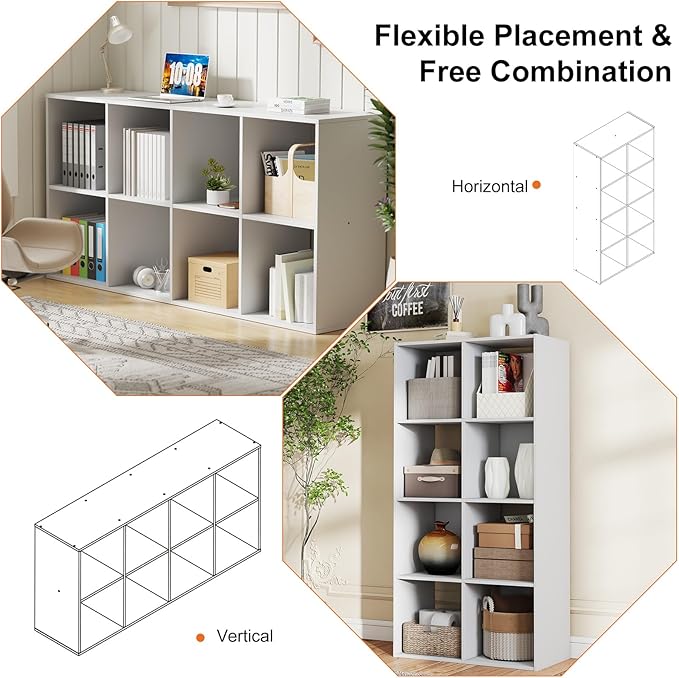 Sweetcrispy 8 Cube Storage Organizer - Open Cube Bookshelf with 4 Removable Back Panels, Display Storage Bookcase for Living Room, Bedroom, Entrance Hall, Home Office，47.7" Lx11.6 Wx24 H, White