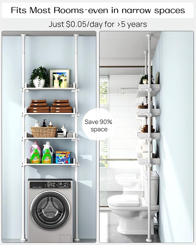 ALLZONE Bathroom Organizer, Over The Toilet Storage, 4-Tier Adjustable Wood Shelves for Small Rooms, Saver Space Rack, Narrow Cabinet, 92 to 116 Inches Tall, White