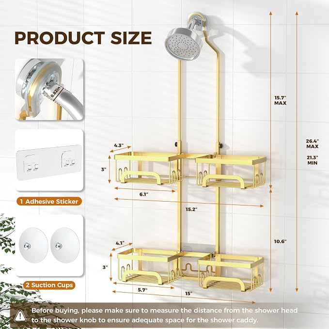 REINHARDT Shower Caddy Hanging for Handheld Showerheads Adjustable Split Shower Caddy, Rustproof Shower Organizer with Hooks for Razors Over the Head Caddy with Soap Holder Bathroom Accessories, Gold