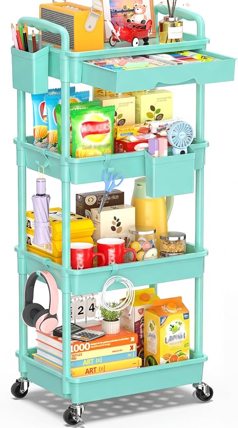 SUNALLY 4 Tier Rolling Utility Cart with Drawer, Storage Organizer Cart with 2 Lockable Wheels, Multifunctional Rolling Storage Cart for Bathroom, Kitchen, Craft, Makeup, Baby Essentials, Blue