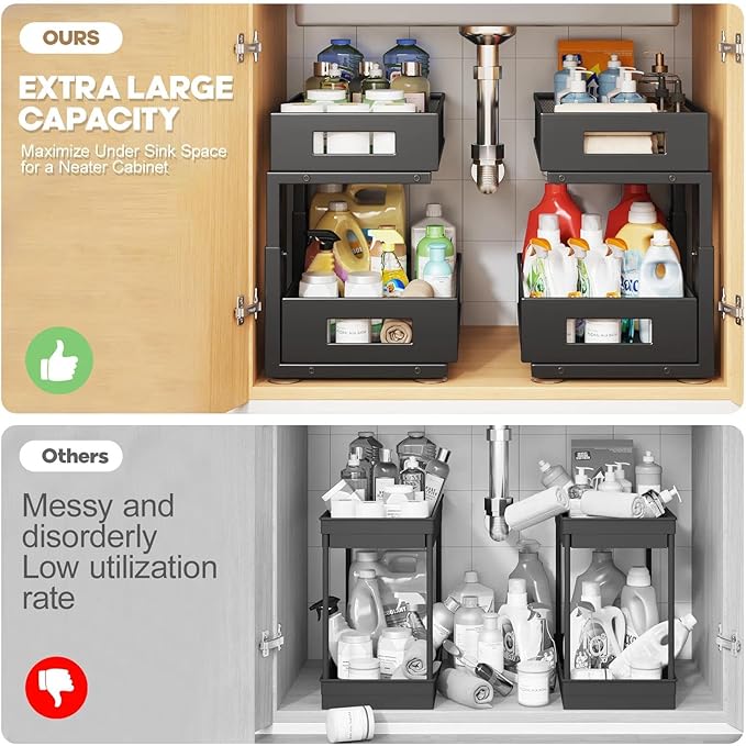Under Sink Organizer, 2-Tier Dual Pull Out Cabinet Organizer Drawers With Smooth Circular Rail, Large Capacity Metal Mesh Sliding Shelves For Bathroom& Kitchen Storage,Height Adjustable–Black,2 Packs