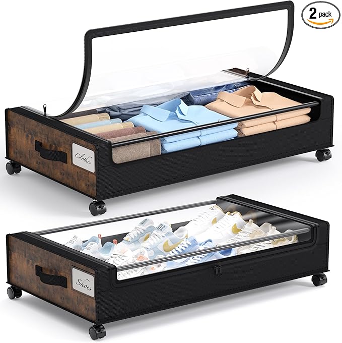 Yecaye Under Bed Storage with Wheels, 2Pack Under Bed Storage Containers, Underbed Shoe Storage Organizer, Rolling Under Bed Metal Drawers for Clothes, Blankets, Brown