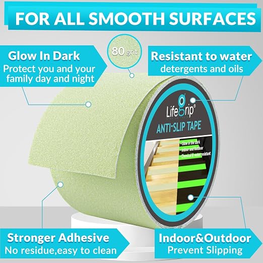 LifeGrip Anti Slip Traction Tape with Glow in Dark Green, 4 Inch x 38 Feet - Best Grip, Friction, Abrasive Adhesive for Stairs, Tread Step, Indoor and Outdoor, Luminous Green (4 inch X 38 feet)