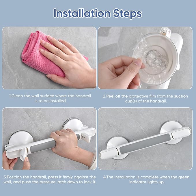 Grab Bars for Bathtubs and Showers with Indicator, Suction Cup Shower Handle, Surface Safety Grip, Strip Locking Latches Removable Bathroom Support, Easy Install Tool-Free Design (2-PCS)