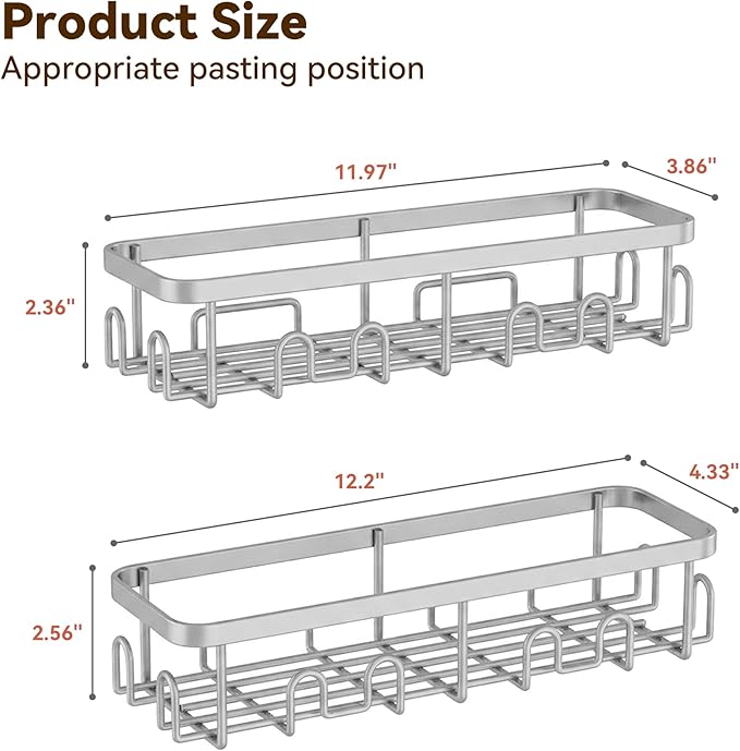 YASONIC Shower Caddy Adhesive, 100% Rustproof Shower Organizer, Large Capacity Shower Shelves for Inside Shower, No Drill Shower Storage for Home (2 Pack Grey)
