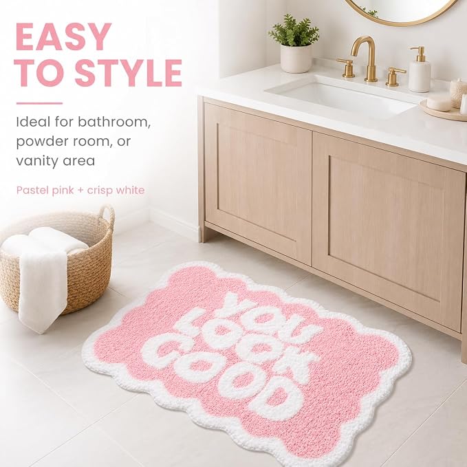 Scalloped Pink Bath Rug, You Look Good Cute Bathroom Rug, Soft Absorbent Quick Dry Bath Mat, TPR Non Slip Backing, Microfiber Mat for Shower Tub Sink Vanity 20" x 31.5"