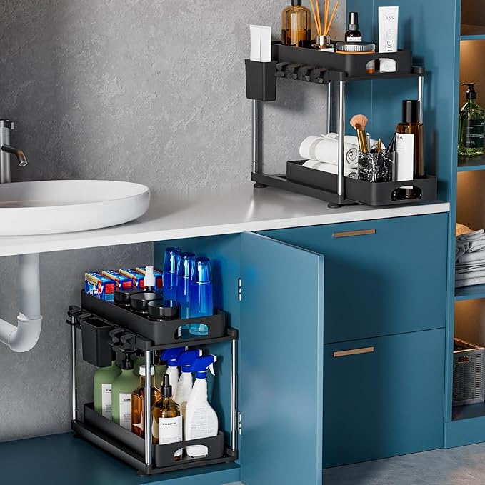 VERIFOST 2 Pack Under Sink Organizer, 2 Tier Under Sink Organizers and Storage for Kitchen Bathroom, Height Adjustable Cabinet Organizer with Two Slide-Out Drawers,Black