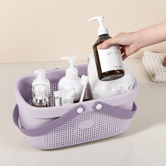 JiatuA Plastic Storage Basket with Handle Portable Shower Caddy Tote Organizer Basket Bin for Bathroom Kitchen Dorm Room Bedroom, ‌Purple