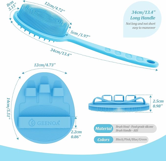 Silicone Back Scrubber & Bath Glove Set 2PCS, 13.4'' Gentle Shower Back Scrubber with Dual-Side Head Non-Slip Handle, 360° Anti-Slip Hand-fit Bath Glove for Rich Foaming Deep Cleaning(Blue)