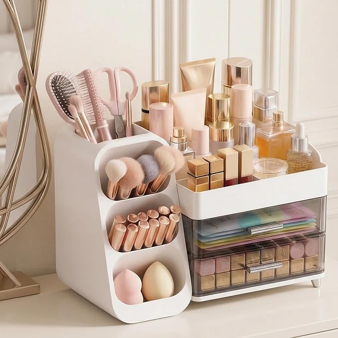 Large Capacity Makeup Organizer Countertop with Makeup Brush Holder for Vanity, Thickened Material, Bathroom Countertop Organizer Skin Care Perfumes Storage, Teen Girl Gifts for 12-23 Year（white）