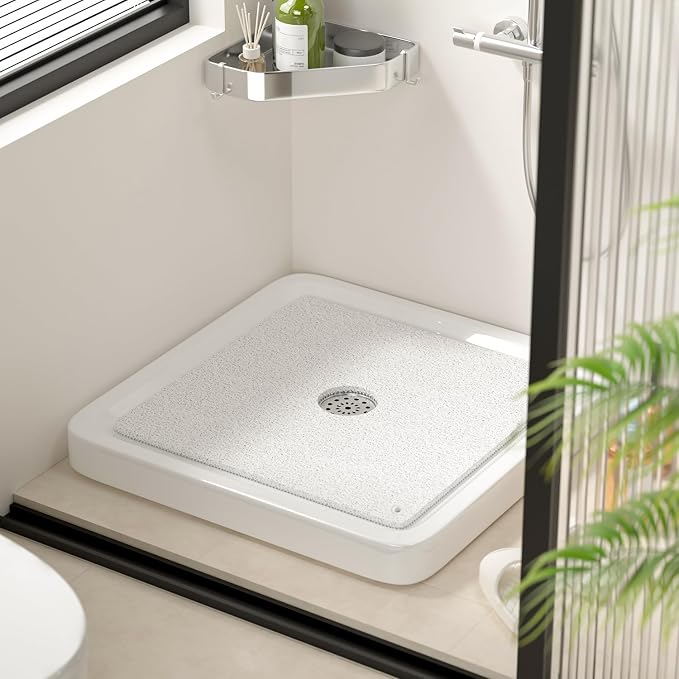HITSLAM Non Slip Shower Mat for Textured Tub Floor, 21x21 Inch Square Loofah Bath Mat for Inside Shower Stall, Quick Drying, No Suction Cups, White
