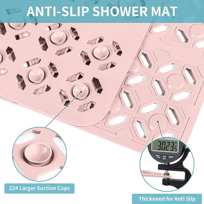 OTHWAY Square Shower Mat, 27"x 27" Extra Large Shower Mats for Inside Shower, TPE Anti Slip Shower mat with Suction Cups Drain Holes, Machine Washable Shower Floor Mat (Light Pink)