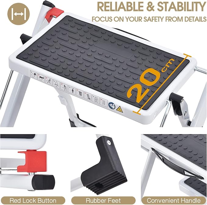 KINGRACK Folding Step Ladder, 2 Step Foldable Step Stool, Portable Stepladder with Handle, Non-Slip Rubber Mat, Release Button, Small Household Stepping Stool for Home Kitchen, for up to 330lbs, White