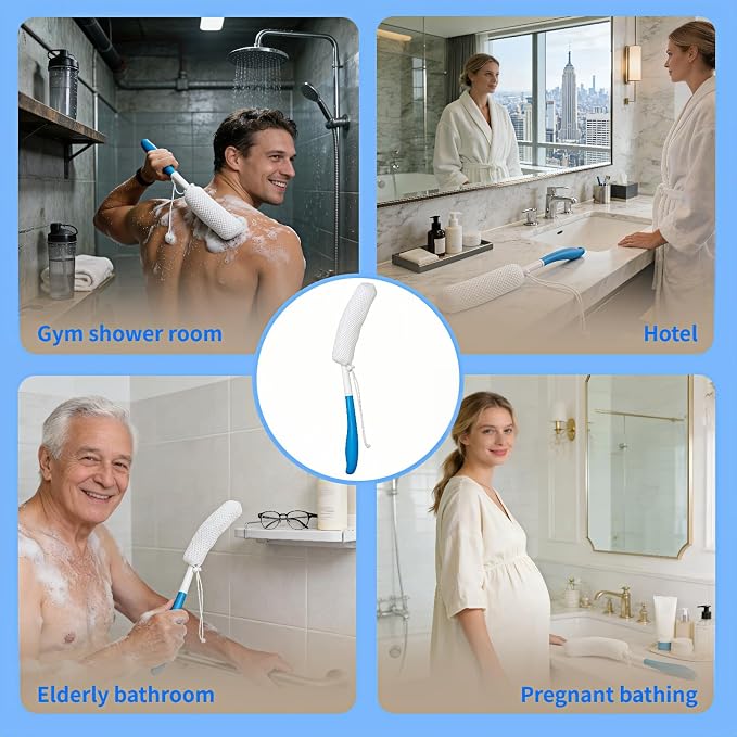 Long Handle Bath Brush for Elderly, Shower Scrubber for Back Exfoliation, Non-Slip Grip for Seniors & Pregnant Women, 15.35 Inch Body Scrubber for Effortless Independence, Blue