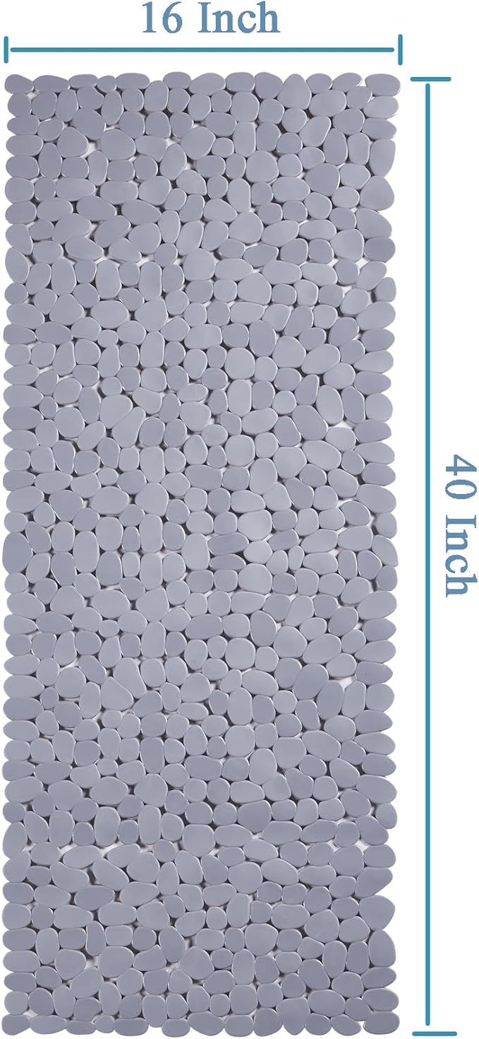 Webos Bath Shower Mat Non Slip: Extra Large Pebble Bathtub mat for Families, Anti Slip Shower Matt with Drain Holes Suction Cups Tub Mat - 16 X 40 Inch Grey