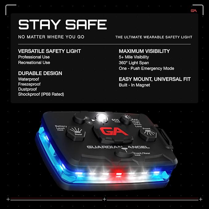 Guardian Angel Elite Series Safety Light (Blue/White Front & Blue Rear) - Rechargeable, Magnetic, Hands-Free Wearable LED Flashlight for Law Enforcement, First Responders, Firefighters, & Rescue Ops