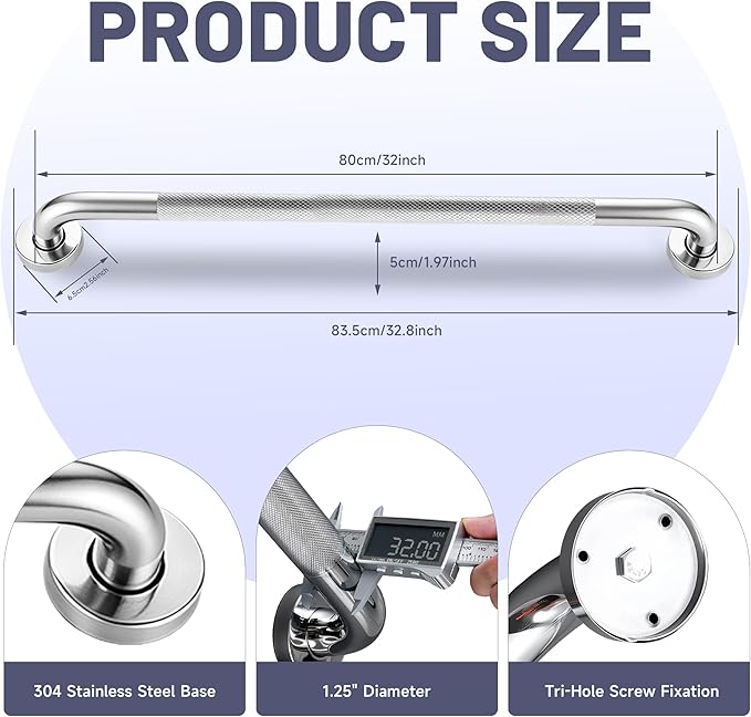 32 Inch Shower Grab Bar, Brushed Nickel Anti Slip Safety Bars, 304 Stainless Steel Bathroom Handrail, Handicap Grab Bars for Wall, Shower Grip Handle for Seniors Elderly Injury Assist Bath (1.25" Dia)