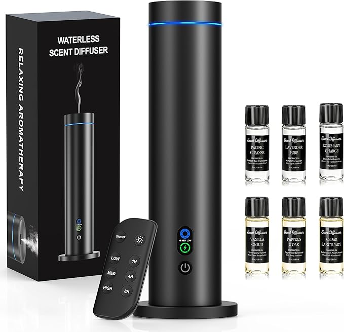 Maromalife Waterless Diffuser, Essential Oil Diffuser, 1000 Sq.Ft Coverage Scent Diffuser – Plug-in Only, Adjustable Mist, Remote, Mood Lights for Home & Office, Large Room, Hotel, Black