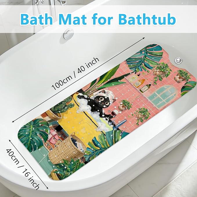 Cute Cat Bath Mat for Tub Non Slip, 40"x16" Aesthetic Bathtub Mat Women, Machine Washable Cats Tub Mats with Suction Cups and Drain Holes for Girls Kids, Cats Shower Mat for Cat Lovers Bathroom Decor