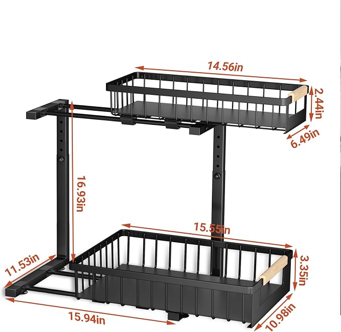 Under Sink Organizers and Storage, 2 Pack L-Shaped Pull Out Cabinet Organizer, 2 Tier Sliding Storage Rack with Adjustable Height, Metal Under Sink Shelf for Kitchen, Bathroom, Pantry, Black