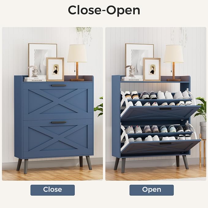 Homleke 32" W Farmhouse Shoe Storage Cabinet with 2 Flip Drawers and Barn Door Design, Adjustable Shelves, Modern Hidden Slim Narrow Shoe Rack Cabinet for Entryway, Foyer, Hallway, Living Room, Blue