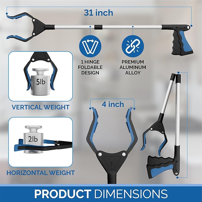 FitPlus 2024 Upgrade PowerGrip T9, Grabber Reacher Tool, Wide Jaw, Foldable, Steel Cable, with 96 Grip Points for Firm Grip, 32" with Magnet (Black, 32 Inch)