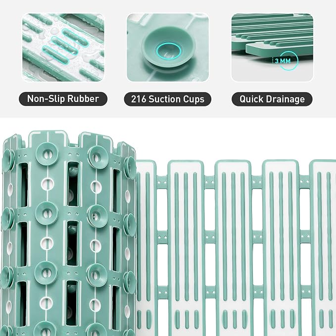 XIYUNTE Shower Mat Non Slip Bath Mat for Tub - 27 X 16 Inch TPE Bathtub Mat Non Slip Shower Mats for Inside Shower, Bath Tub Mat with Powerful Suction Cup, Easy to Cut and Dry, Green