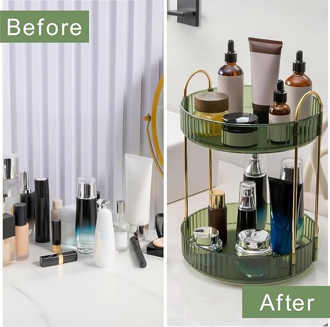 INVSSENE 360° Rotating Makeup Organizer, Bathroom Make Up Spinning Holder Rack, Large Capacity Cosmetics Storage Vanity Shelf Countertop, Fits Cosmetics, Perfume, Skincare, Lipsticks(2 Tiers, Green)