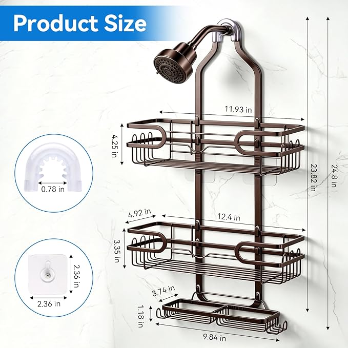 Shower Caddy Hanging, Over Head Shower Caddy Shower Storage Rack Basket with Hooks for Razor and Sponge Rustproof, No Drilling, Accessories for Bathroom and Kitchen, Bronze