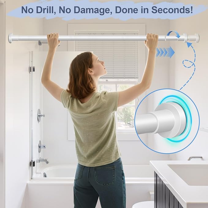 YNL White Shower Curtain Rod 32-94 Inch(2.7-7.8ft), Non-Slip, Never Rust, Stainless Steel No Drill Spring Tension Shower Rod, Adjustable Long Curtain Rod for Bathroom Window Patio