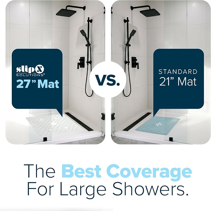 SlipX Solutions 27" Oversize Square Shower Mat, Non-Slip Mat for Elderly & Kids, 100+ Power Grip Suction Cups for Smooth Surfaces, Machine Washable, White