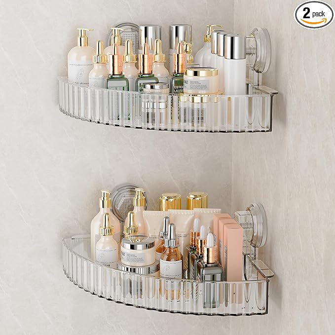 Shower Caddy Suction Cup Corner Bathroom Shower Organizer for Bathroom Storage & Home Decor Kitchen No Drilling Large Capacity Removable and Reusable Shower Shelves for Inside Shower (corner,Clear)