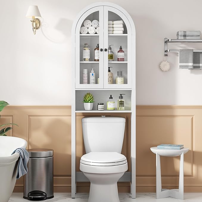 White Over The Toilet Storage Cabinet with Acrylic Doors, 4 Tier Small Bathroom Shelf Organizer, Arched Bathroom Cabinet with Adjustable Shelf, Slim Narrow Toilet Rack, Wood, Anti-Tipping Device