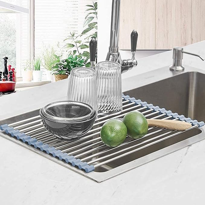 Seropy Roll Up Dish Drying Rack, Over the Sink Dish Drying Rack Kitchen Rolling Dish Drainer, Foldable Sink Rack Mat Stainless Steel Wire Dish Drying Rack for Kitchen Sink Counter Storage 17.5x11.8